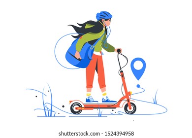 NY delivery of young girl on kick scooter using bag. Isolated concept urban woman postman using modern mobile device technology for working. Vector illustration.