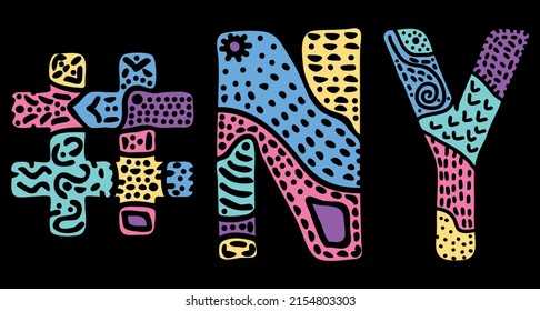 NY Hashtag. Multicolored bright isolate curves doodle letters. Popular hashtag #NY for social network, resource, mobile apps, title, advertising, print, clothing, t-shirt, poster, banner.