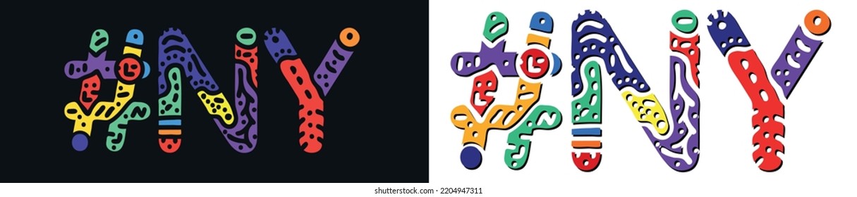 NY Hashtag. Multicolored bright isolate curves doodle letters. Trendy popular Hashtag #NY for music, print, booklet, banner, flyer. Stock vector.