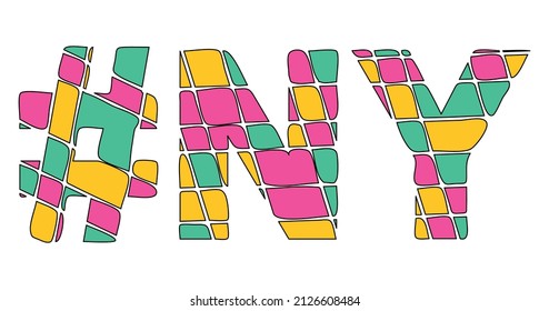 NY Hashtag. Tricolor isolated letters from contrast flowing fluid shapes. 3 colored Hashtag #NY is abbreviation for the US American state New York for social network, web resources, mobile app
