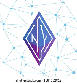 NY Initial letter block chain logo icon vector template. Looping mono line circuit letter on rhombus cube logo