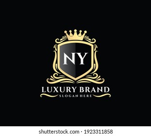 NY Initial Letter Gold calligraphic feminine floral hand drawn heraldic monogram antique vintage style luxury logo design.