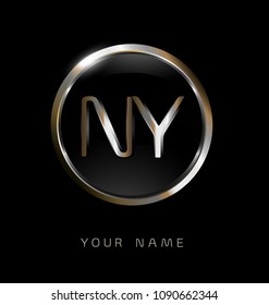 NY initial letters with circle elegant logo golden silver black background