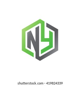 NY initial letters looping linked hexagon logo black gray green