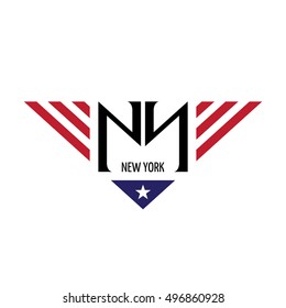 NY initial letters with USA flag colors and symbol. Vector illustration.