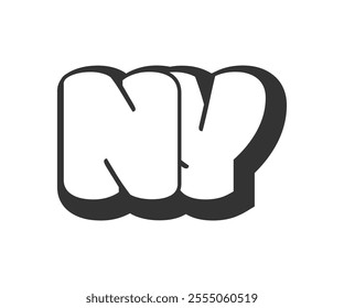 NY logo, bubble comic lettering, rounded in graffiti style black and white silhouette. Trendy preschool N and Y letter text for festival party, personal initials, children funky print and web.