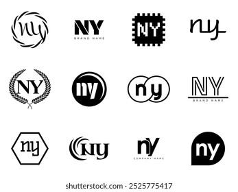NY logo company template. Letter n and y logotype. Set different classic serif lettering and modern bold text with design elements. Initial font typography. Collection trendy business identity.