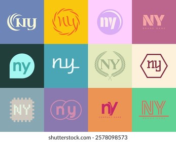 NY logo company template. Letter n and y logotype. Set different classic serif lettering and modern bold text with design elements. Initial font typography. Collection trendy business identity.