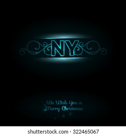 NY logo. Dark background. Elegant blue font. New york logo. New Year greeting card. Vector illustration. 