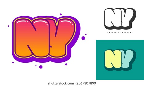 NY logo design for festival or party. Initial letter n and y in graffiti style. Creative modern lettering company name of font typography. Kids trendy logotype or identity. Vector illustration.