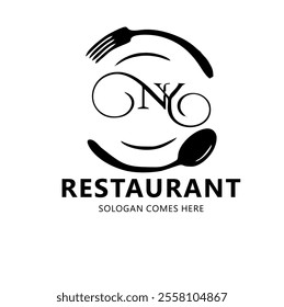 NY logo design for restaurant, restaurant logo design vector illustrator, banner design for restaurant. the fork and spoon shown on logo icon. best design for food business.