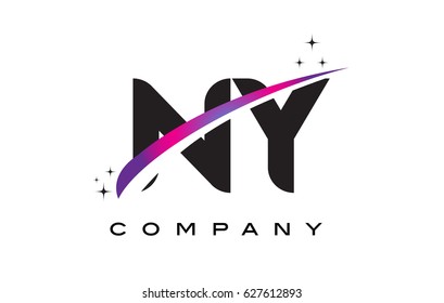 NY N Y Black Letter Logo Design with Purple Magenta Swoosh and Stars.