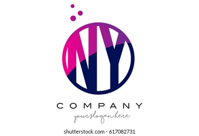 NY N Y Circle Letter Logo Design with Purple Magenta Dots Bubbles Vector Illustration