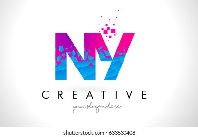 NY N Y Letter Logo with Broken Shattered Blue Pink Triangles Texture Design Vector Illustration.
