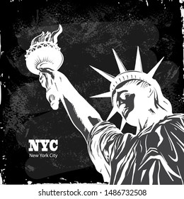 NY. New York city with the statue of liberty for a background poster, advertising, layout, banner.