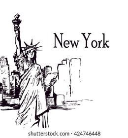 NY. New York city with the statue of liberty for a background poster, advertising, layout, banner. Hand drawing skyscrapers with the Statue of Liberty on a white background. Vector illustration