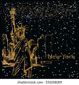 NY. New York city with the statue of liberty for a background poster, advertising, layout, banner. Hand drawing skyscrapers with the Statue of Liberty on a white background. Vector illustration