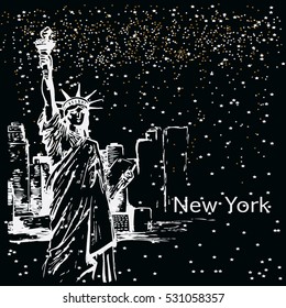 NY. New York city with the statue of liberty for a background poster, advertising, layout, banner. Hand drawing skyscrapers with the Statue of Liberty on a white background. Vector illustration