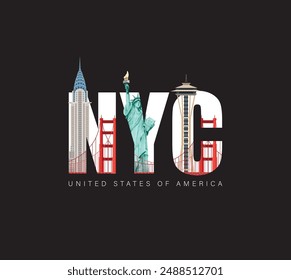 NY, New York Logo Type Icon with Statue of Liberty Vector Illustration and American Flag Background. New York City T-shirt apparel fashion design, typography, background, poster.