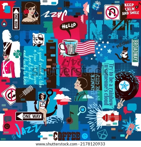 NY Seamless pattern with sayings and quotes, people, rockette nyc. Design for prints, packaging, interior, cafe, club