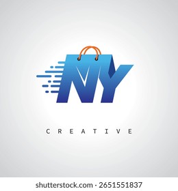 NY Shopping Monogram - Logotipo de comércio eletrônico de entrega rápida com ícone de saco e marca digital para loja online, varejo e identidade logística
