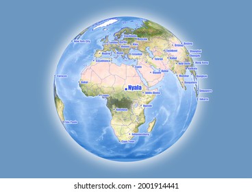 Nyala-Sudan is shown on vector globe map. The map shows Nyala-Sudan 's location in the world.