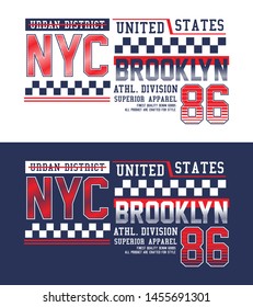 NYC Brooklyn 86 typography. T-shirt graphics with race flag. Vector illustrations