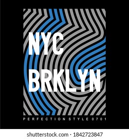 NYC, BROOKLYN, ABSTRACT BACKGROUND, TYPOGRAPHY ILLUSTRATION, LINES, BLUE AND WHITE, T-SHIRT DESIGN, BLACK CLOTH.