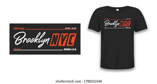 NYC, Brooklyn athletic design for t-shirt with tee shirt mockup. New York typography graphics for sport apparel. Vector illustration.