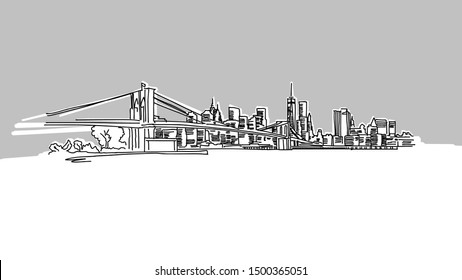 NYC Brooklyn Bridge Panorama Skyline Vector Sketch. Hand Drawn Illustration on grey background.