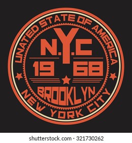 NYC Brooklyn. College New York typography, T-shirt design, graphics. Logo, label, symbol. Typography. Sport.