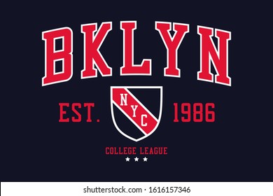 NYC, Brooklyn college typography graphics with shield for t-shirt. New York, Bklyn college league apparel print. Vector illustration.