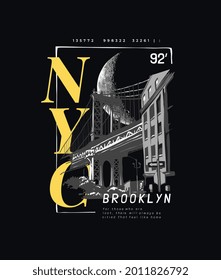 NYC Brooklyn slogan with bridge silhouette and big moon vector illustration on black background