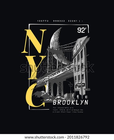 NYC Brooklyn slogan with bridge silhouette and big moon vector illustration on black background