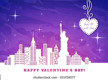 NYC  carved out  white paper on dark blue and pink  background, greeting card Happy Valentine, vector illustration