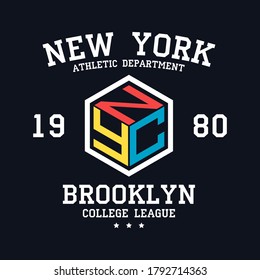 NYC design for t-shirt. New York, Brooklyn typography graphics for tee shirt. College print for apparel. Vector illustration.