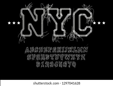 NYC font vector style sports embroidery. t shirt String stitched with thread, alphabet letters and numbers stitch. Fabric design university or college jersey .—vector illustration.