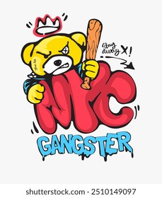 nyc gangster slogan with colorful thug bear cartoon vector illustration