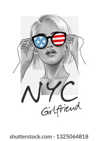 NYC girlfriend slogan with b/w girl in sunglasses illustration