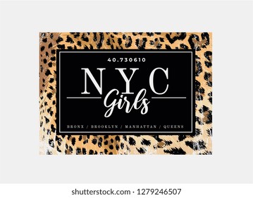 NYC girls slogan on leopard pattern background