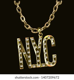 NYC golden chrome necklace with diamond illustration on black background