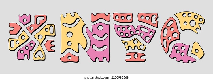 NYC Hashtag. Doodle isolate text. Colored curves decorative doodle letters. Trendy popular Hashtag #NYC for New York City, booklet, banner, flyer. Stock vector.