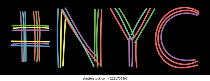Etiqueta de NYC. Aislar el texto de las letras del doodle de neón de líneas de neón curvadas multicolor como el de una pluma de punta de fieltro, el pensil. Etiqueta #NYC para la ciudad de Nueva York, camisetas, aplicaciones móviles, tipografía, recursos web