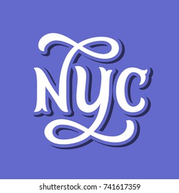 NYC lettering. New York City vintage type. Ornamental text for US city. Hand drawn calligraphic sign. Blue background vector illustration. NY lettering style.