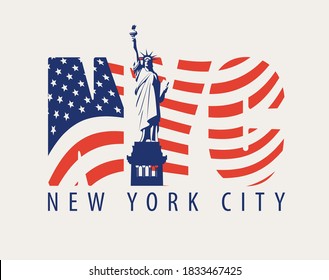 NYC letters in the colors of the American flag with the Statue of Liberty on a light background. Vector poster, banner, flyer, t-shirt design, greeting card or design element