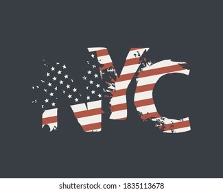 NYC letters in the colors of the American flag in grunge style on a dark background. Vector icon, sign, logo, poster, banner, flyer, t-shirt print, greeting card or design element