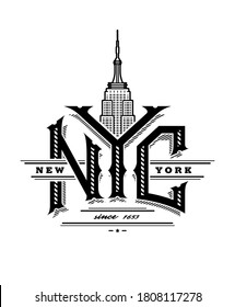 NYC letters and Empire State Building. New York city logo, emblem, vintage style.