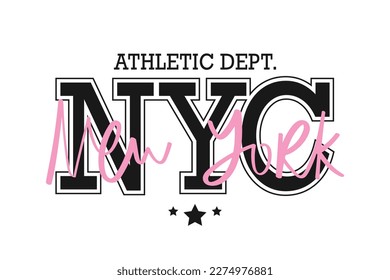 NYC letters. New York City hand lettering slogan text. College university varsity style vintage typography. Vector illustration design for fashion graphics, t shirt prints, sweatshirts.