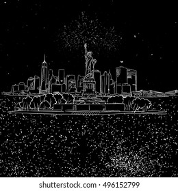 NYC and Liberty Stature on Island by Night Sketch, Hand-drawn Illustration Vector Outline Artwork