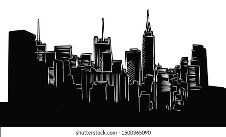 NYC Metropolis Panorama Silhouette Drawing. Hand-drawn illustration in the form of a woodcut for digital and print projects.